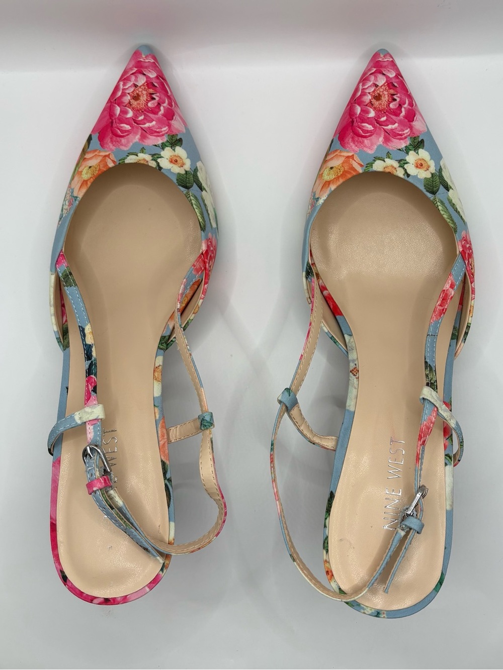 Nine West Floral Pointed Slingback Flats in Pink and Blue